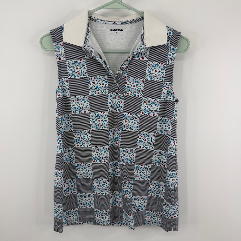 Lands' End Sleeveless Polo Top Women S Blue Floral Striped Patchwork Print